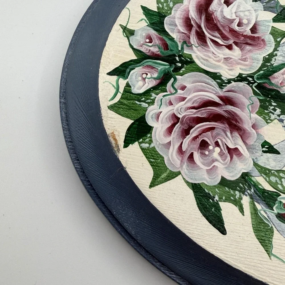 Vintage 80's Blue Country Bathroom Sign Hand Painted Floral Cottage Granny Core